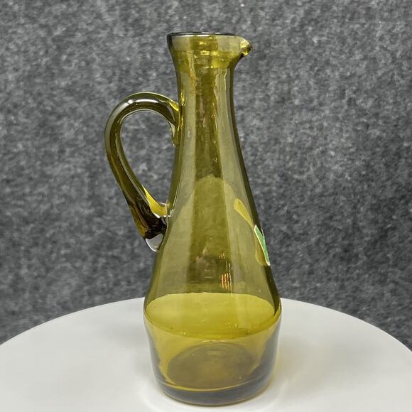 Vintage Chartreuse Green Glass Pitcher Applied Handle 6" Hand Blown Spain - Picture 7 of 10
